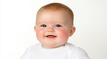 A baby is smiling and looking at the camera