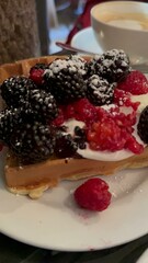 Delicious Dessert Waffle with Red Fruits