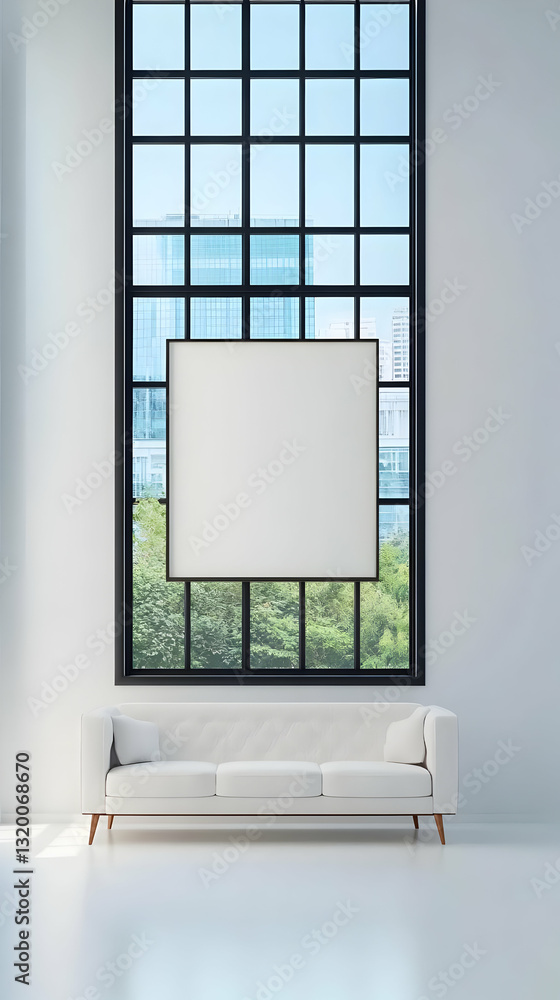 Poster modern 3d rendering of a white sofa in a minimalist room, featuring a large window showcasing a city