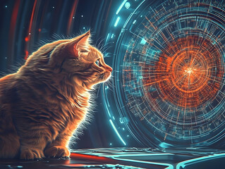 Ginger Cat Gazes Intently at Futuristic Digital Interface,  A Sci-Fi Digital Art Illustration