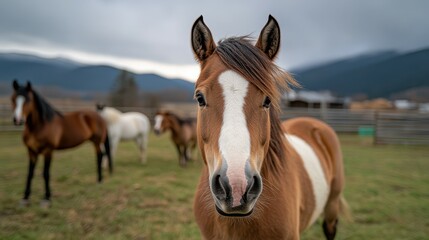 Obraz premium A brown and white horse with a white stripe on its face