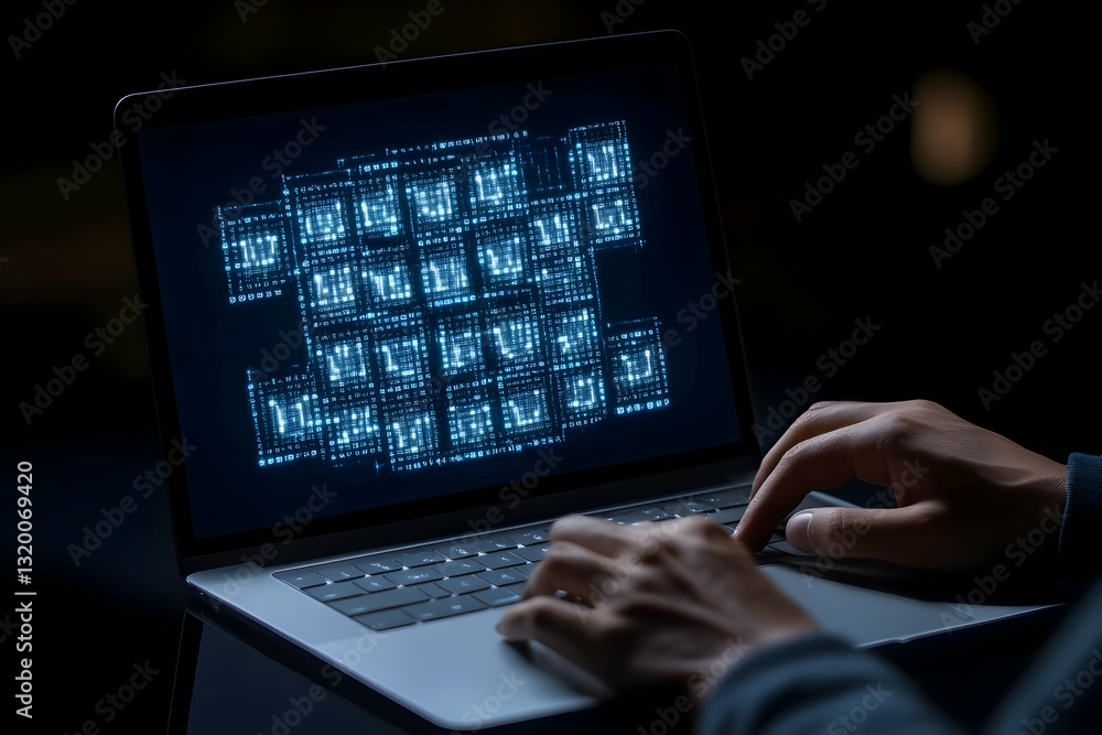 Poster abstract digital data streams flowing on laptop screen, person typing in low light