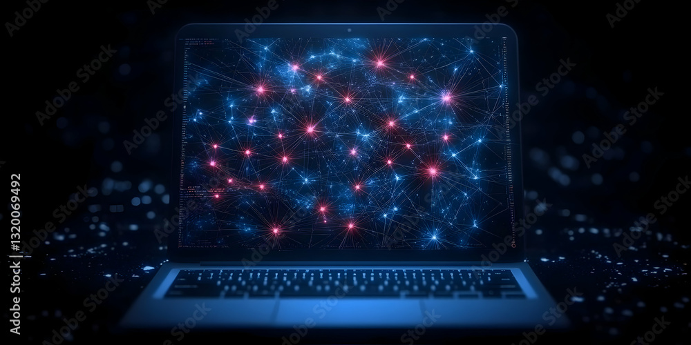 Poster abstract 3d network visualization glows on laptop screen in dark setting