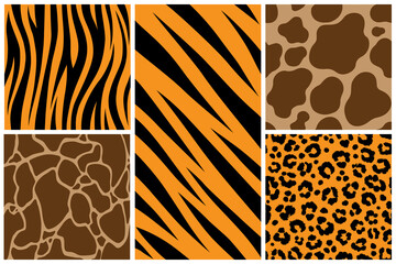 set safari jungle animal fur stripe animals bengal tiger giraffe texture pattern black, orange, brown and chocolate color. print