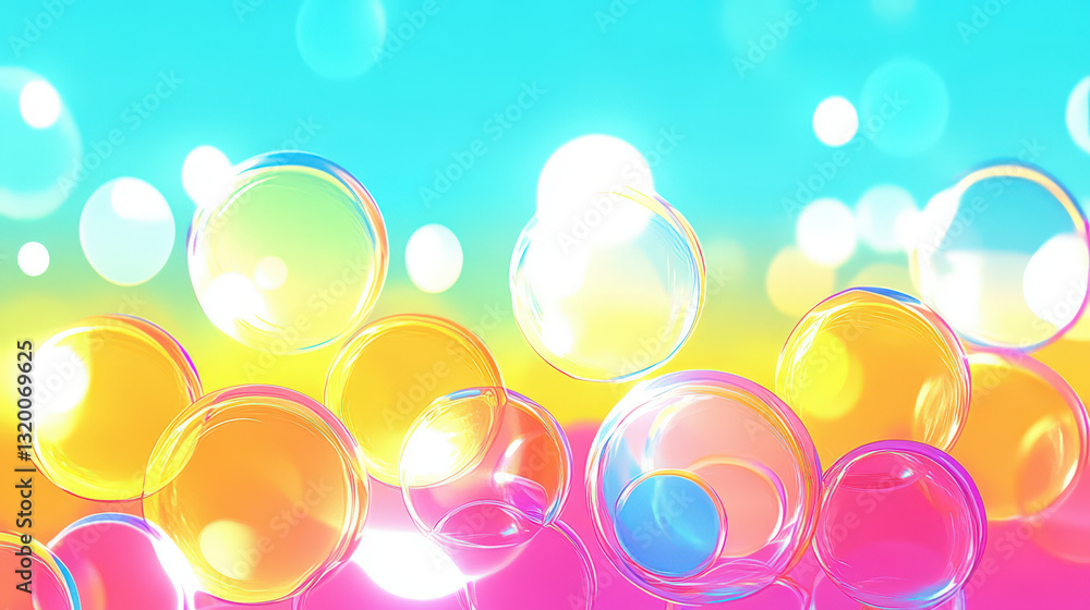 Poster colorful bubbles float against vibrant gradient background, creating cheerful atmosphere