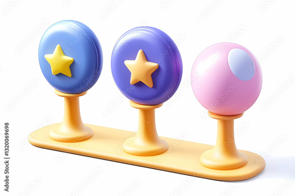 Poster 3d render of colorful spherical objects with stars on stands, arranged on a base