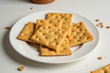 A Close-Up View of Freshly Baked, Crispy Crackers Arranged Neatly on a White Plate, Perfect for Snacks or Accompaniments with Dips, Spreads, or Cheese.