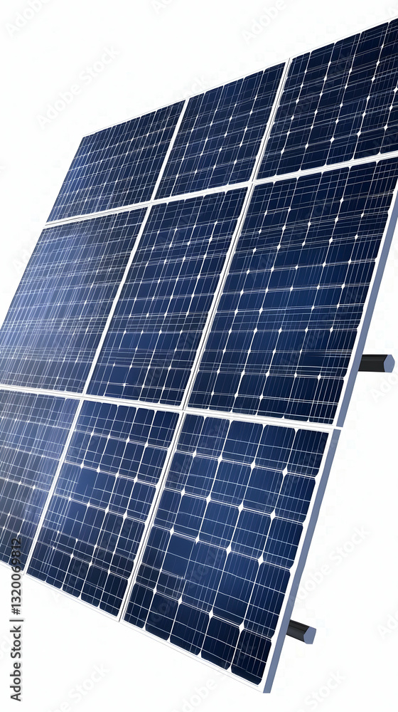 Poster detailed 3d render of a solar panel array, showcasing its individual cells and angled positioning ag