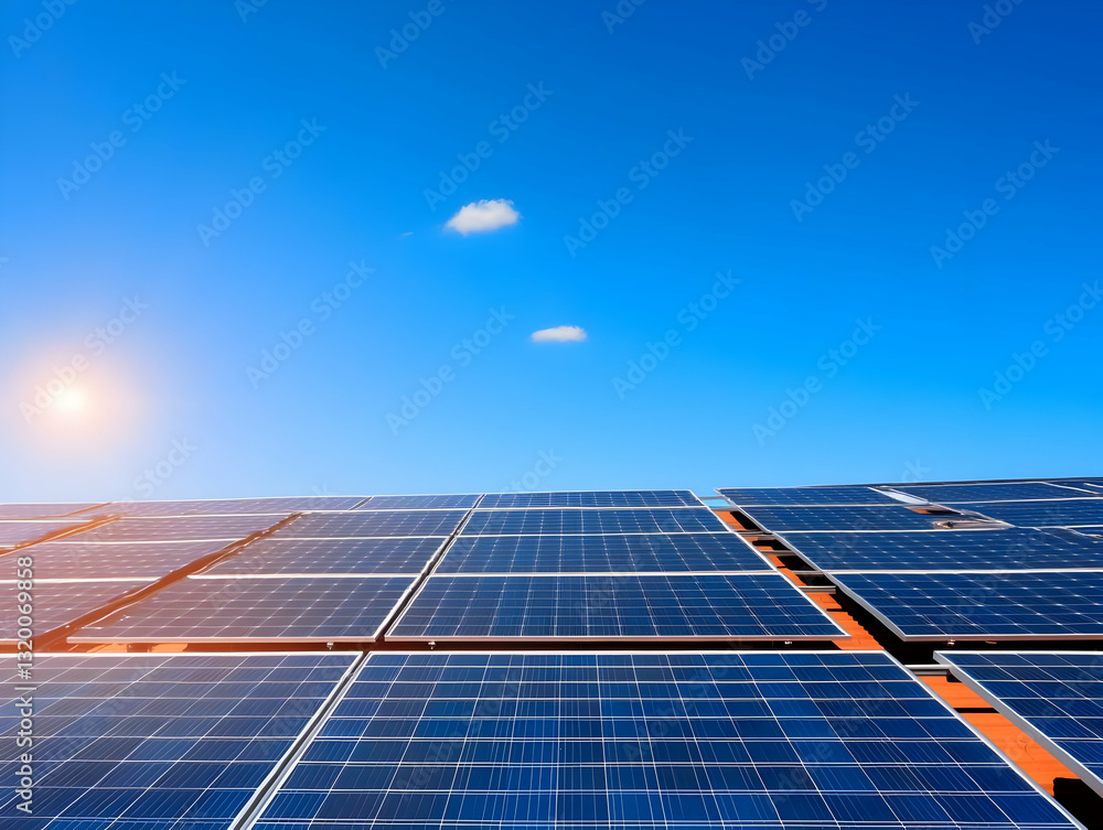 Poster solar panels array generating clean energy under a bright sunny sky with few clouds