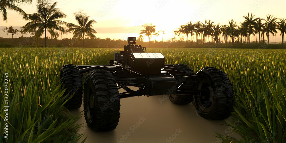 Poster 3d render of a futuristic all-terrain vehicle traversing a lush green field at sunset, with a backdr