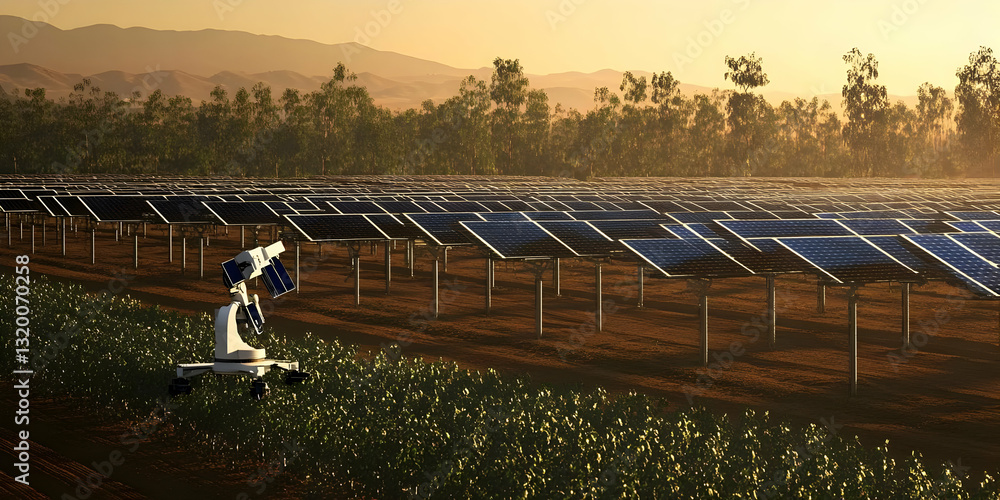 Poster 3d render of a solar farm with a monitoring robot at sunset