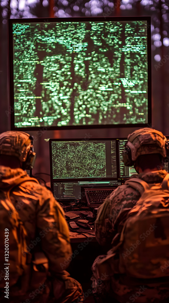 Poster soldiers analyze data on multiple monitors in a dark room, strategizing military operations with dig