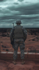 A soldier in camouflage uniform stands vigilantly on a low wall, overlooking a desolate, arid landscape under a stormy sky;  Military observation, desert warfare, conflict imagery.