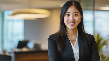 Obraz premium Confident Businesswoman Smiling in a Professional Office Environment