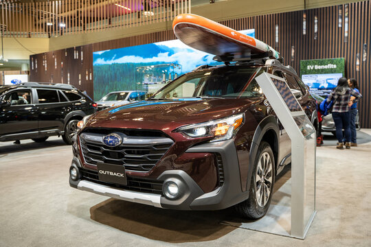 2025 Subaru Outback automobile at the 2025 Canadian International AutoShow. Toronto, Canada - February 14, 2025.