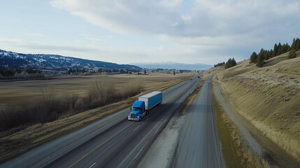 Large Blue Semi Truck Traveling a Scenic Highway Through a Rolling Landscape
