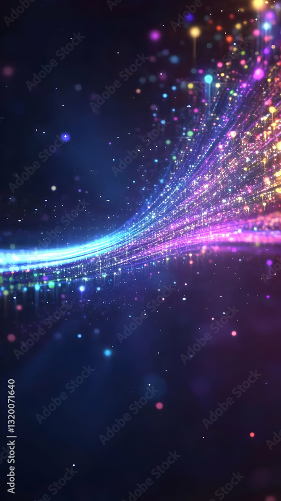 Aufkleber abstract 3d background: glowing colorful particles flowing dynamically in a dark space, creating a v