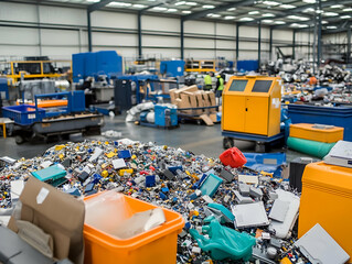 A large pile of colorful plastic waste sits in a recycling facility, surrounded by industrial machinery and containers.