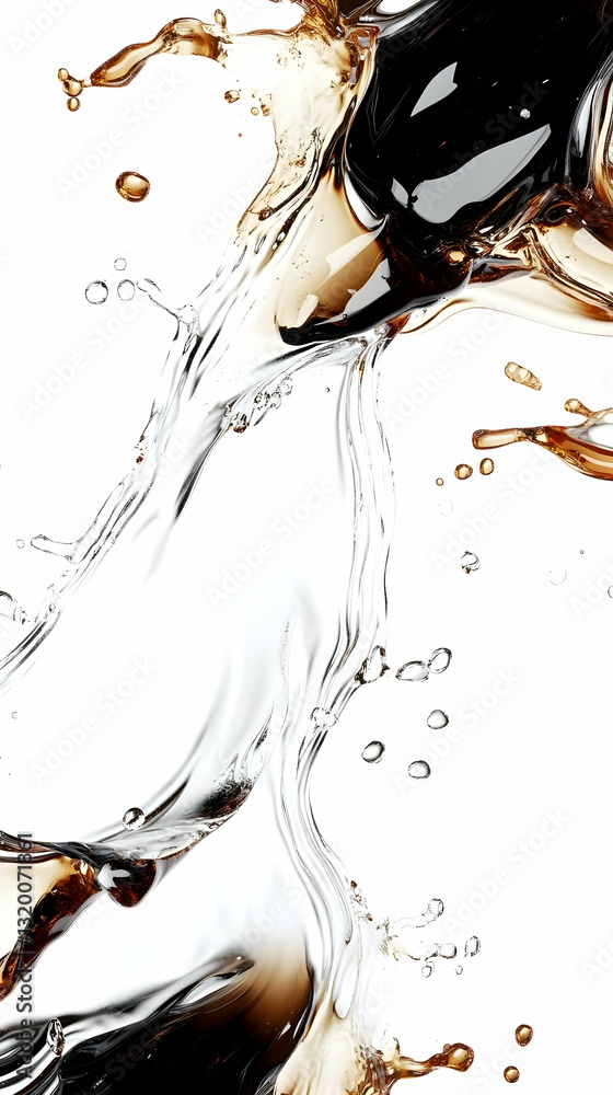 Poster abstract 3d render of brown liquid splashing dynamically on white background, showing detailed textu