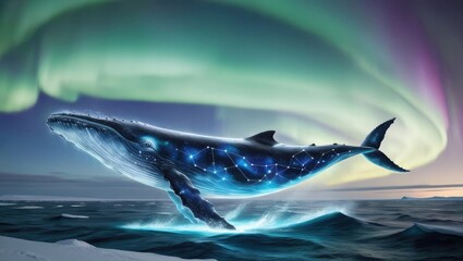 Fototapeta premium shark in the sea Cosmic Whale Gliding Through the Aurora Borealis with Glowing Constellations and Stardust Trails