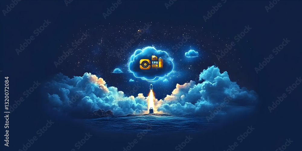 Aufkleber abstract ai cloud computing launches rocket into night sky with glowing cloudscape background