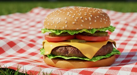 Delicious Cheeseburger on Picnic Blanket Summer Food Outdoor Meal