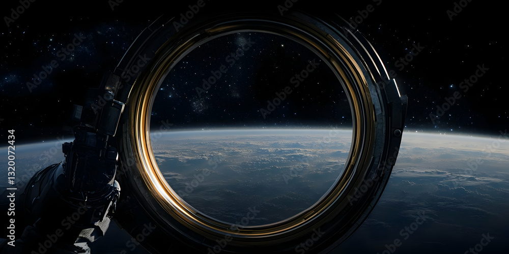 Aufkleber 3d render of a spaceship window showing earth and stars