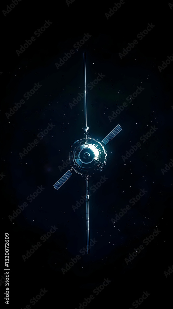 Poster 3d render of a satellite orbiting in space, illuminated by starlight, showing detailed structure and