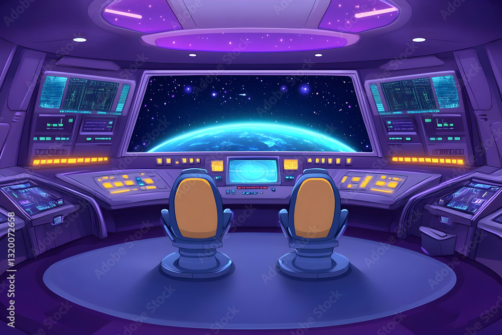 Poster futuristic spaceship bridge illustration: two pilots observe earth from cockpit with advanced techno