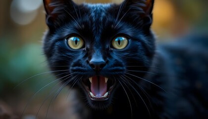 Close-up of Black Cat Hissing with Green Eyes and Sharp Teeth