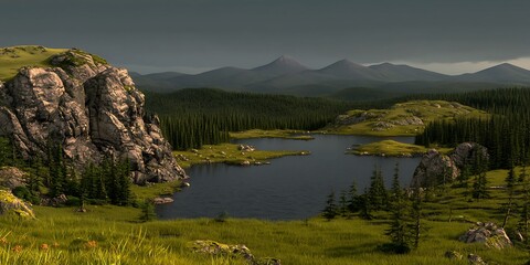 Serene landscape featuring a tranquil lake surrounded by lush greenery and mountains