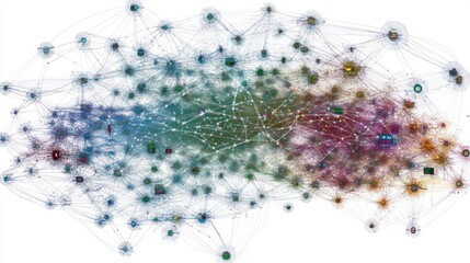 Complex network visualization, nodes & connections.