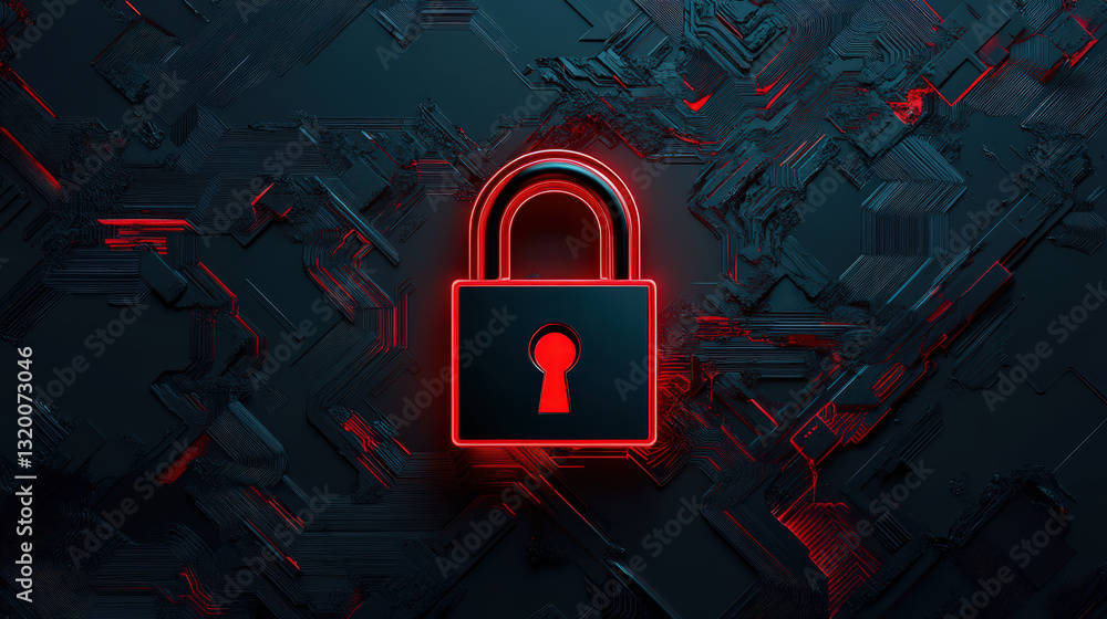 Poster secure padlock symbol with glowing red outline on dark textured background