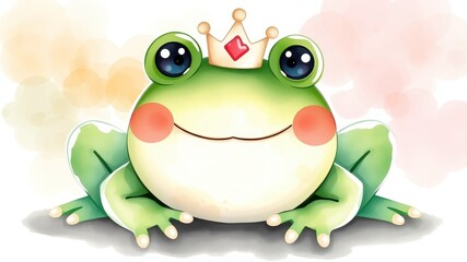 Fototapeta premium Cartoon Frog with Crown Smiling Cheerfully in a Playful Style