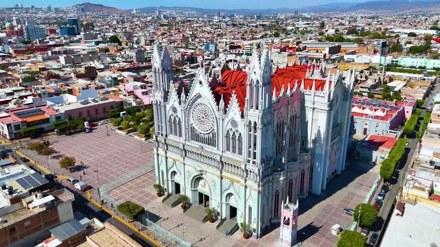 Aerial view of the Expiatory Temple, symbol of the city of Leon Guanajuato for its neo-gothic style.