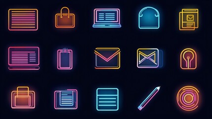 Neon Icons of Business and Communication on Dark Background