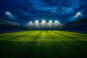 Night Stadium:  Luminous Floodlights Illuminate Empty Soccer Field,  Creating Dramatic Atmosphere, under Cloudy Night Sky
