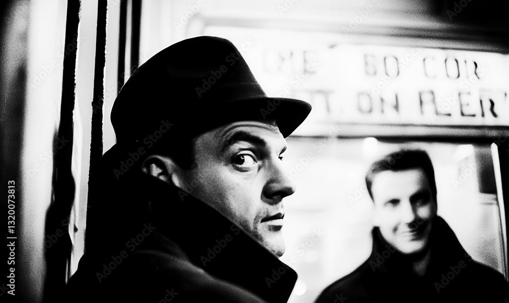 Poster mysterious man in fedora hat posing in shadowy alley with intriguing expressions