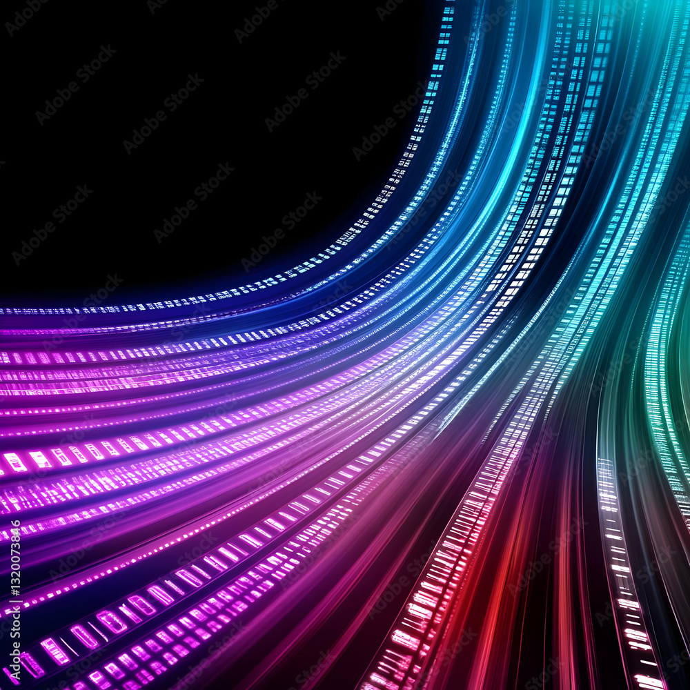 Poster abstract 3d background: glowing data streams curve dynamically across black space, neon colors, futu