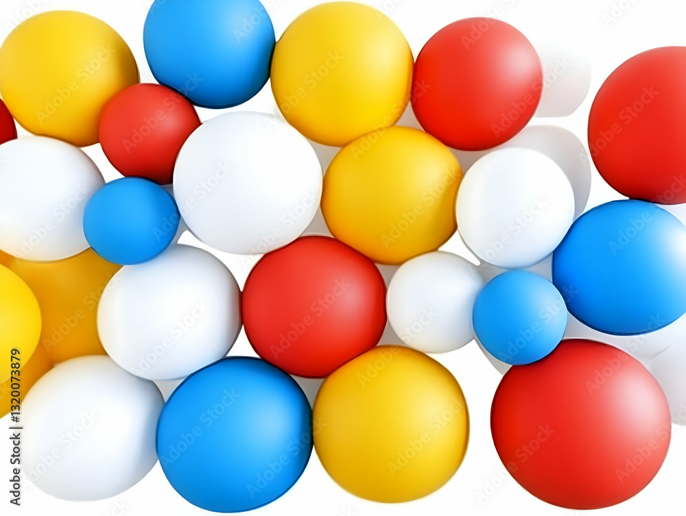 Poster abstract 3d render of colorful spheres, vivid yellow, red, white, and blue balls arranged in a rando