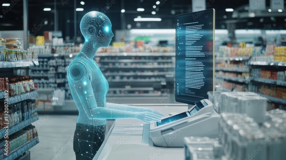 Poster Smart cashier utilizes AI technology to streamline checkout process in a modern supermarket environment
