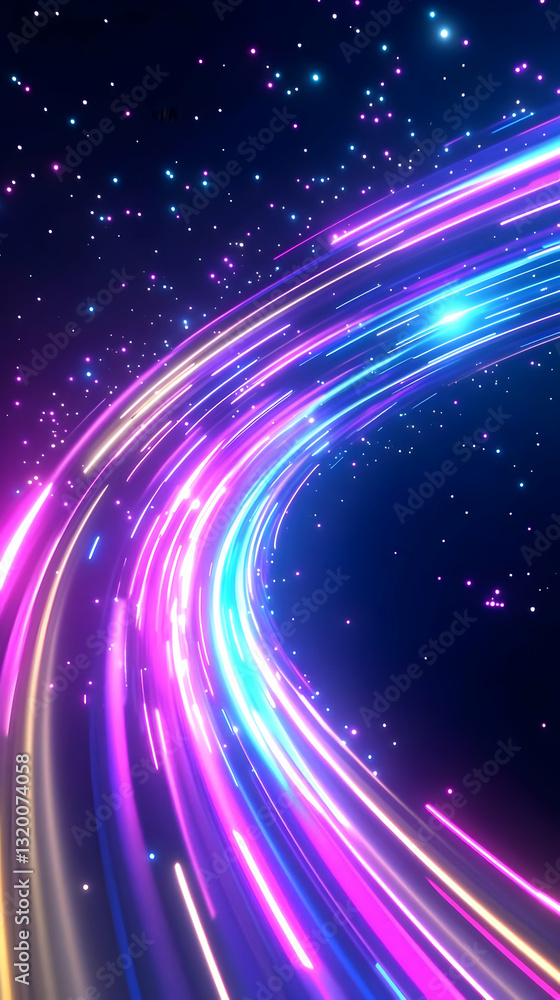 Poster abstract 3d neon light trails background: glowing curves and particles illuminate a dark space, crea