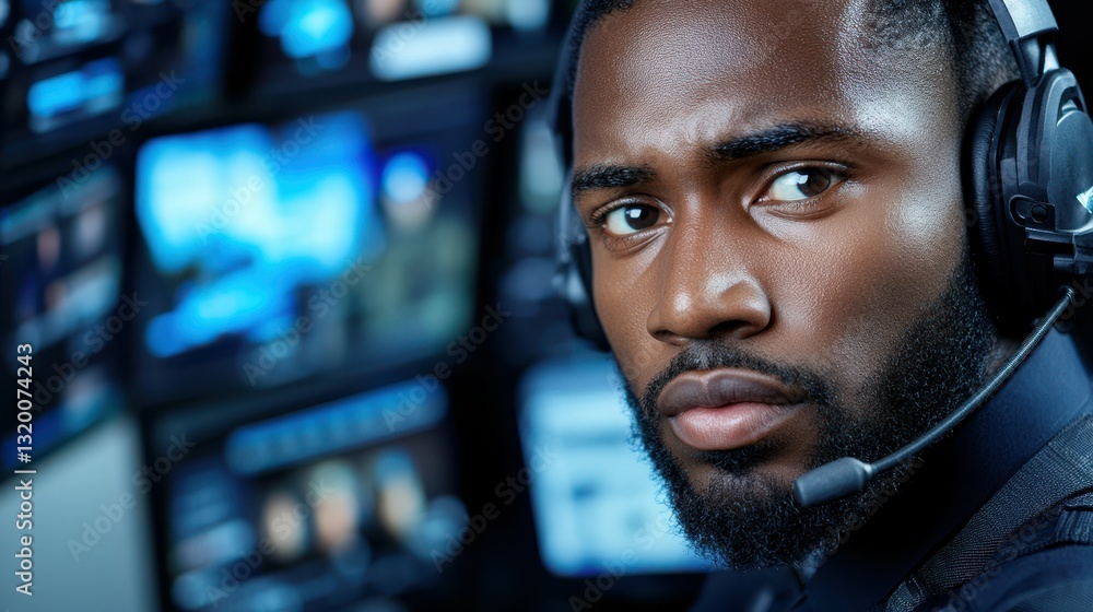 Poster a man wearing a headset and a microphone. he is looking at the camera. there are several monitors in