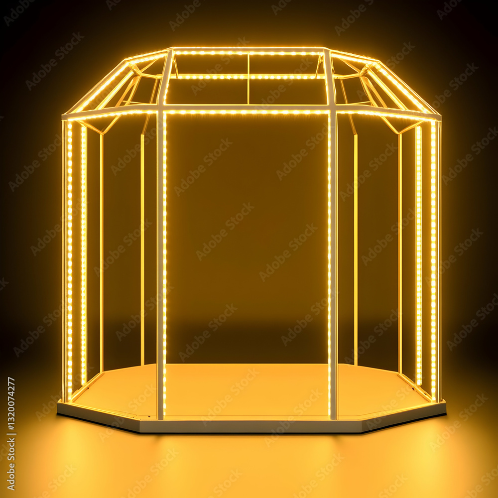Poster octagonal 3d render of illuminated golden stage with led lights for product display