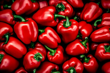 Vibrant Red Bell Peppers Close-Up: A Rich, Colorful Still Life of Fresh Produce, Glistening with Juicy Texture, Ideal for Culinary or Food Backgrounds.