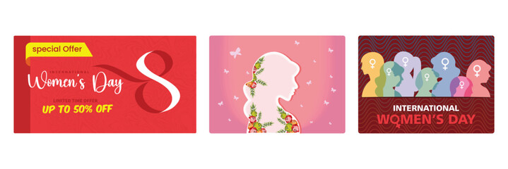 International Women's Day celebration with sales ads, female silhouettes, and gender symbols.