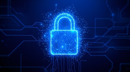 Cybersecurity concept featuring a lock symbol formed by lines and triangles, with points connected by a network, set against a blue background. Vector illustration.