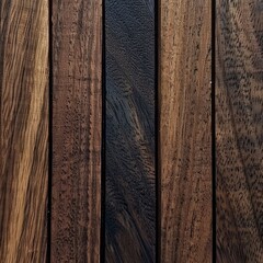 Dark brown wood planks, vertical grain, textured surface, close-up view.  Background blurred wood. Use texture