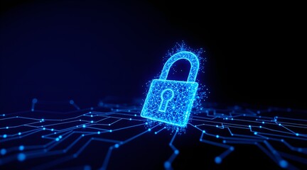 Cybersecurity concept featuring a lock symbol formed by lines and triangles, with points connected by a network, set against a blue background. Vector illustration.