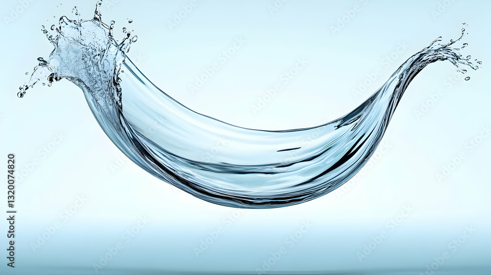 Poster 3d render of a water splash: fluid dynamics in a crescent shape against a light blue background